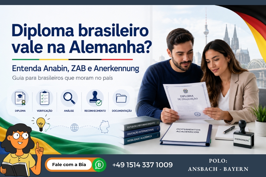 Documentos acadêmicos organizados para solicitar avaliação de diploma brasileiro pela ZAB na Alemanha.