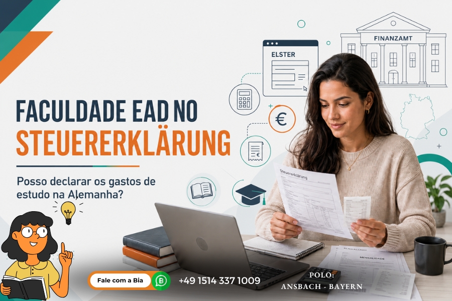 Brasileira consultando documentos e gastos de uma faculdade EAD no Steuererklärung na Alemanha.