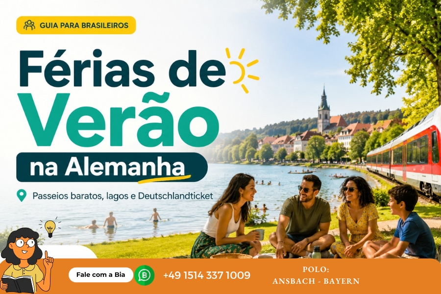 Brasileiros aproveitando férias de verão na Alemanha perto de um lago com trem regional e dicas de viagem econômica - Férias de Verão na Alemanha e Deutschlandticket (3)
