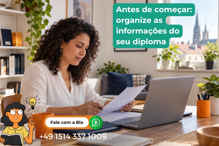 Mulher de cabelos cacheados conferindo documentos diante de um notebook. Como consultar a Anabin - Estudar na Alemanha (2)