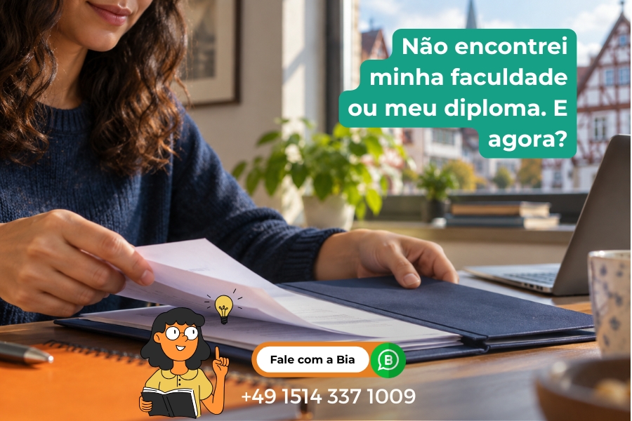 Mulher guardando documentos em uma pasta azul sobre uma mesa com caderno laranja. - Como consultar a Anabin - Estudar na Alemanha (3)