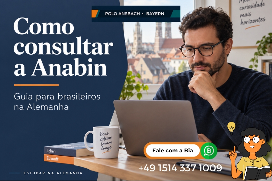 Homem de óculos diante de um notebook, ao lado do título “Como consultar a Anabin”.