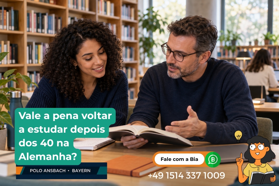 Pessoas consultando cursos no computador com uma lista de perguntas na mesa - Voltar a estudar depois dos 40 na Alemanha (2)