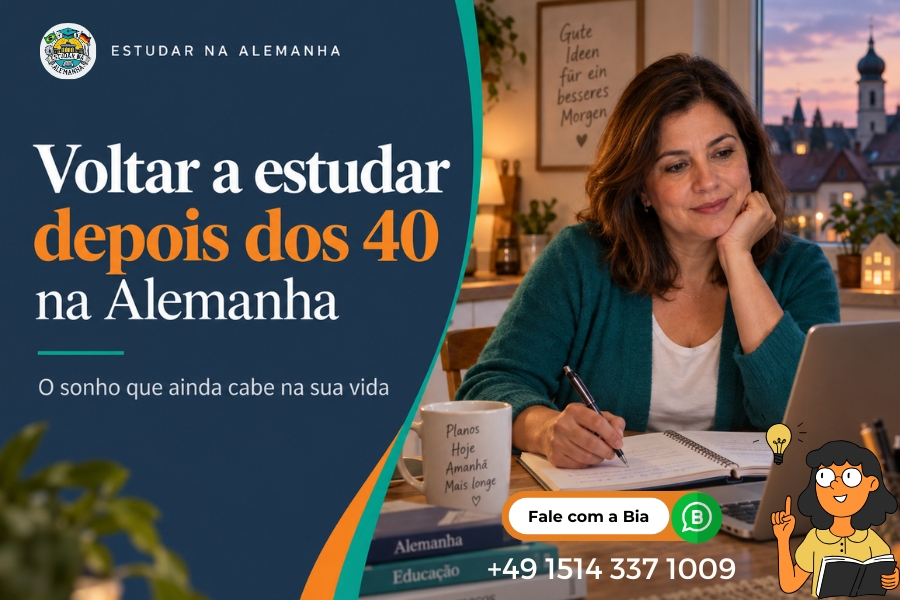 Mulher adulta com notebook e caderno na mesa de casa durante uma sessão de estudo - Voltar a estudar depois dos 40 na Alemanha